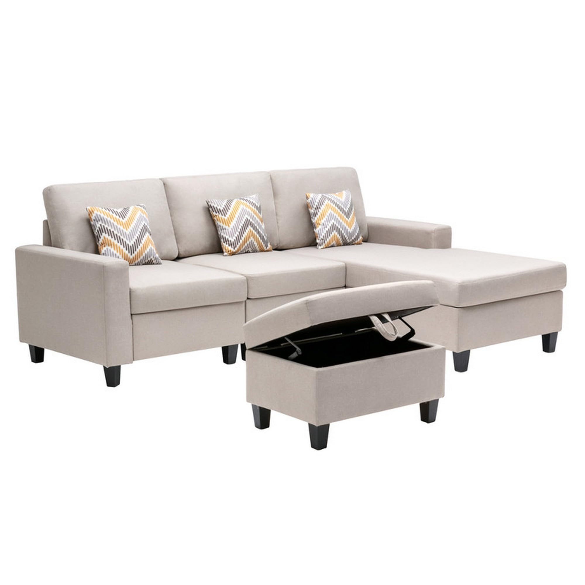 Lini 4 Piece L Shape Sofa, Reversible Chaise, Ottoman, 3 Pillows, Beige