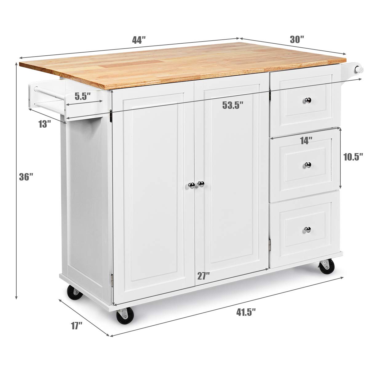 Kitchen Island Cart with Drop-Leaf Tabletop, Large Trolley Cart with Large Cabinet