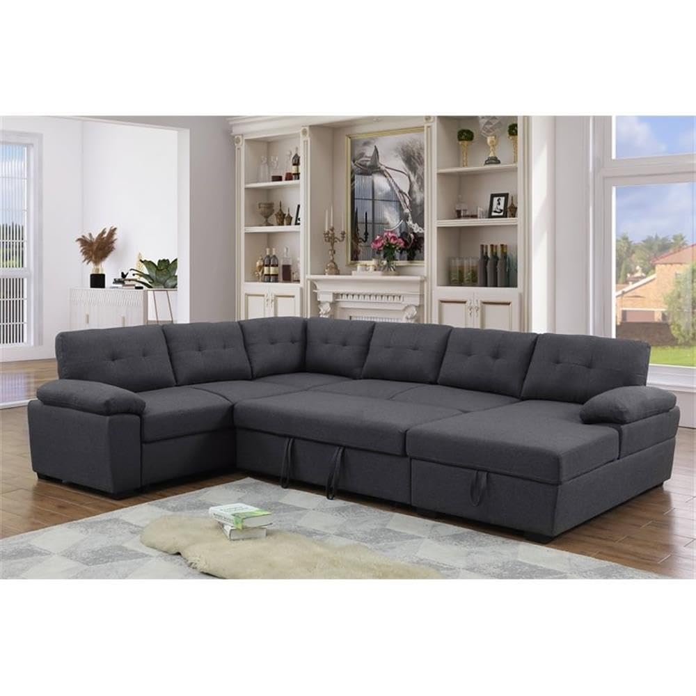 5-Seat Fabric Sleeper Sectional Sofa with Storage in Dark Gray