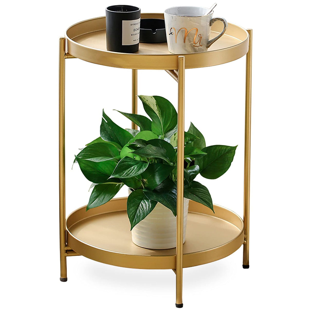 Gold Folding End Table 2-Tier Metal Round Side Table with Removable Tray for Living
