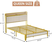 IDEALHOUSE Queen Bed Frame with Charging Station, LED Bed Frame with Storage Headboard, Upholstered Platform Bed Frame, No Box Spring Needed, Easy Assembly, White&Gold