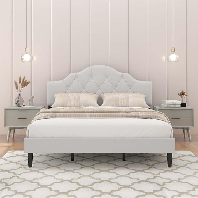 Full Size Upholstered Platform Bed Frame with Linen Button Headboard
