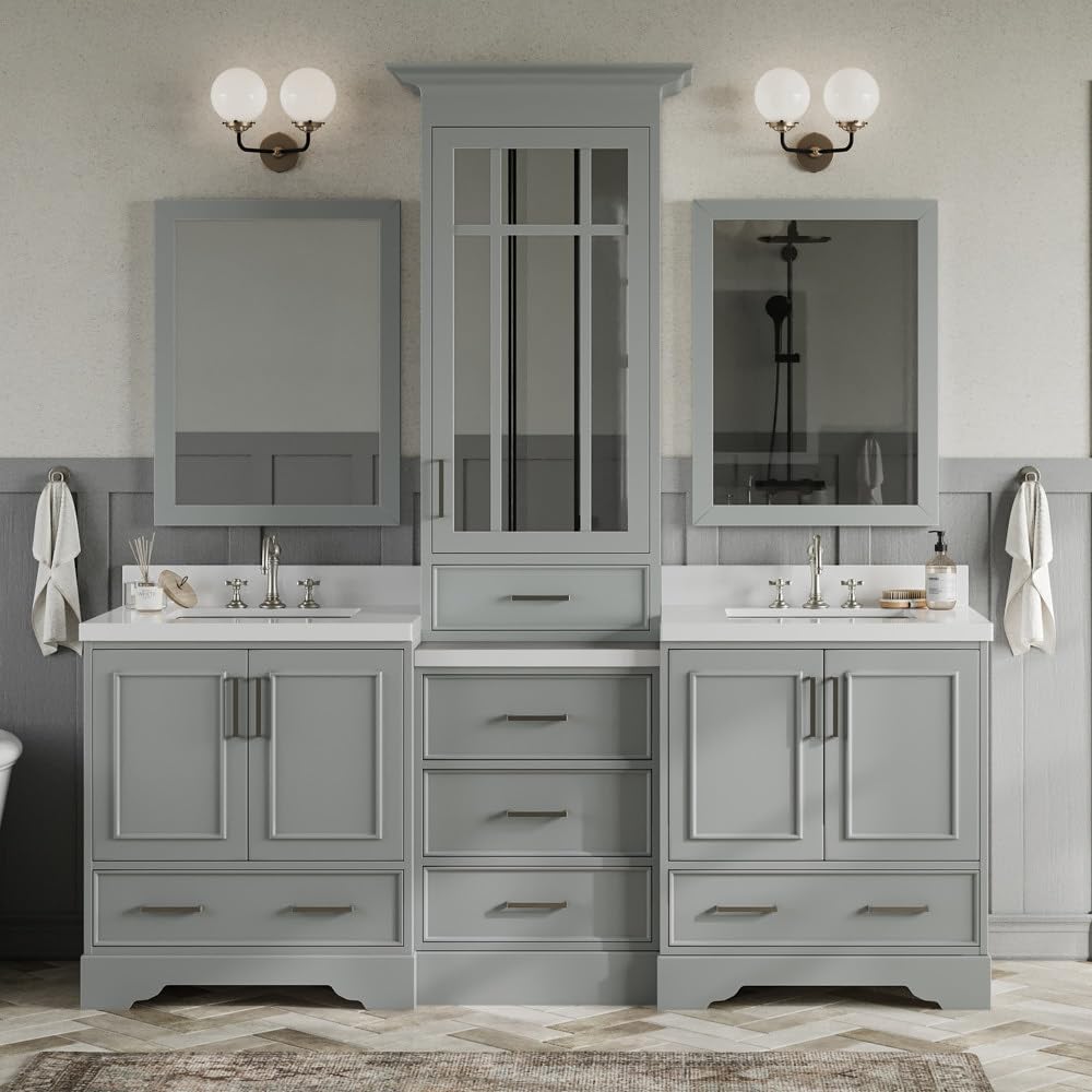 85" Inch Double Vanity Set in Grey, Pure White Quartz Counter-top Counter-top