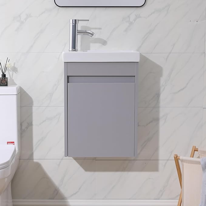 16 Inch Small Bathroom Vanity Combo with Sink, Wall Mounted Bathroom Sink Cabinet