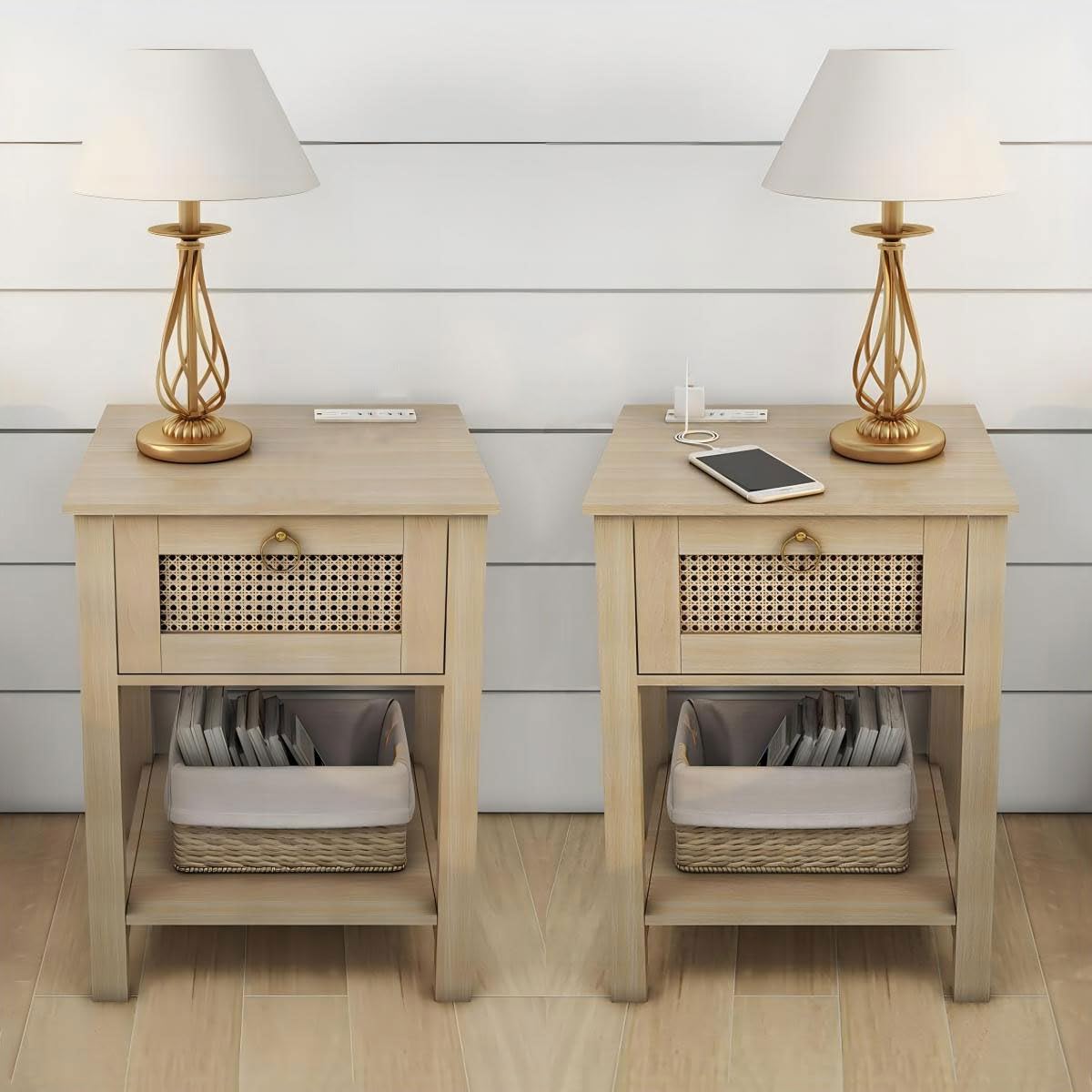 Rattan Nightstand Set of 2, Farmhouse Night Stands