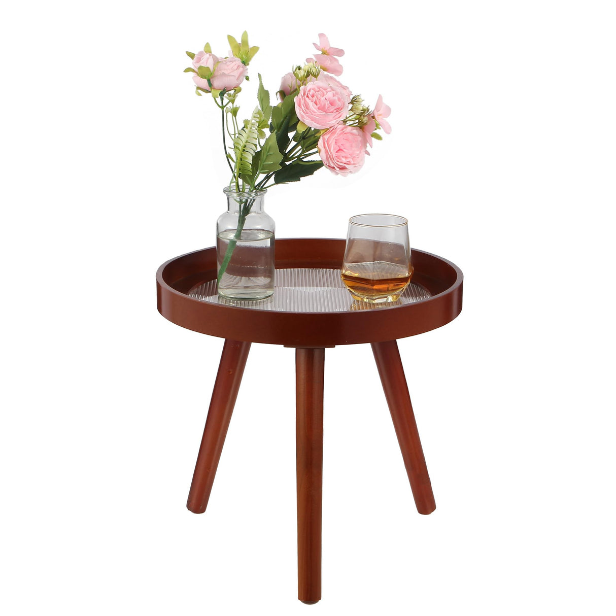 Small Round End Table, Side Tables for Patio, Mid Century Modern Rustic Accent Table with Solid Wood Legs, Reddish Brown Finish, Perfect for Bedroom, Living Room, Indoor Or Outdoor - Bircata