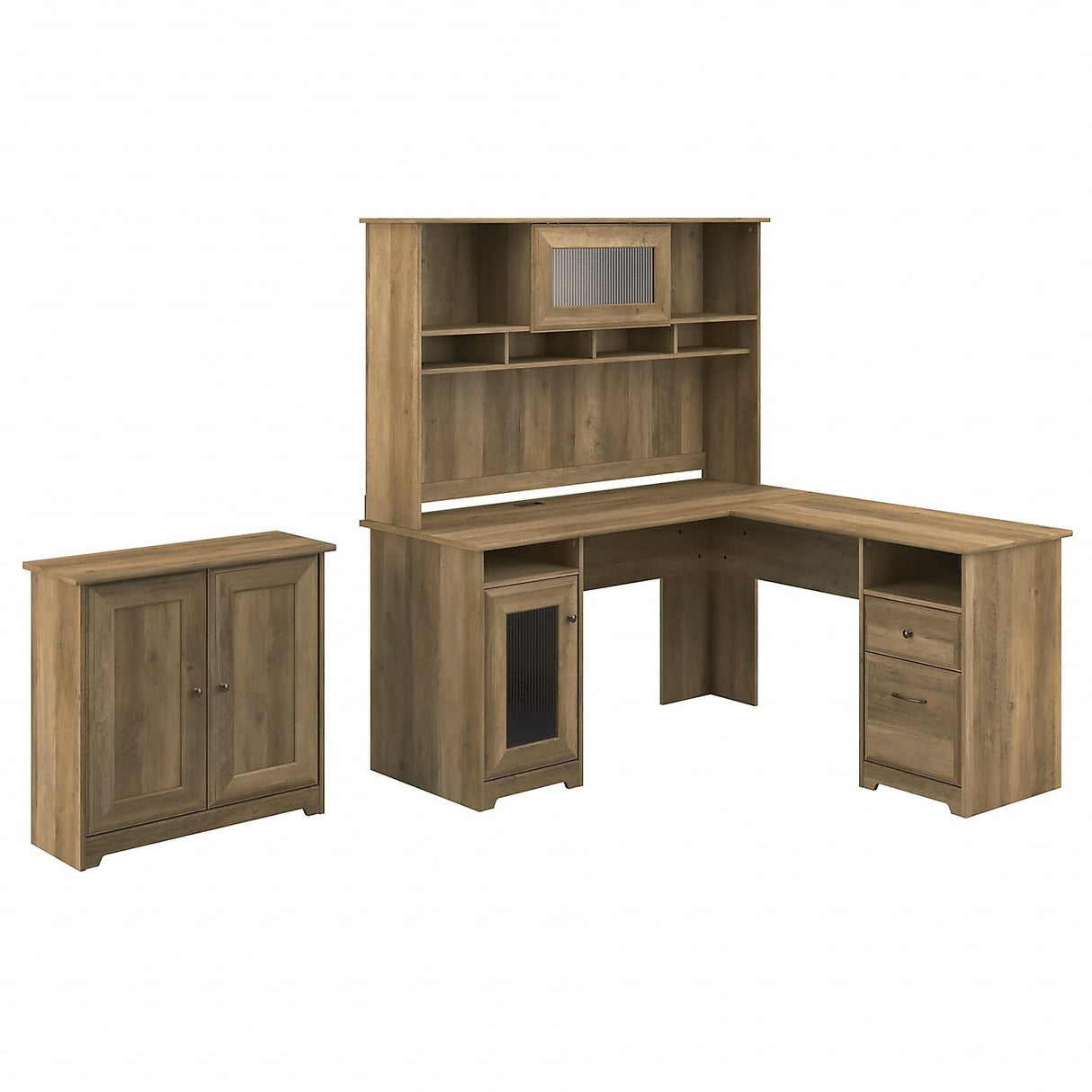 Cabot L Shaped Desk with Hutch and Small Storage Cabinet with Doors in Reclaimed Pine