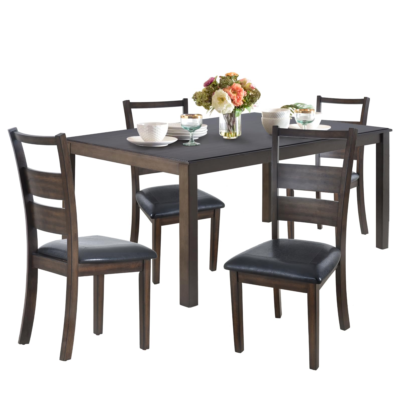 Wooden Dining Table Set, Mid Century Modern Rectangle Wooden Kitchen Table and PU