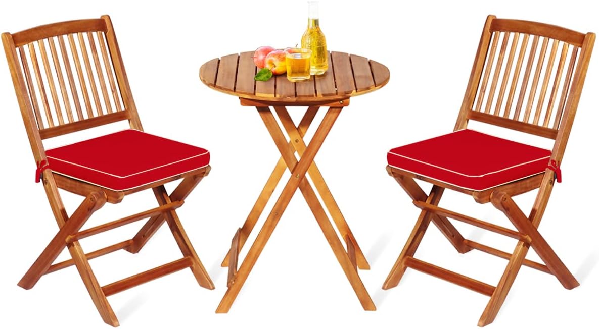3 Pieces Folding Acacia Wood Bistro Set, Patio Furniture Set with Cushions & 1 Round Table
