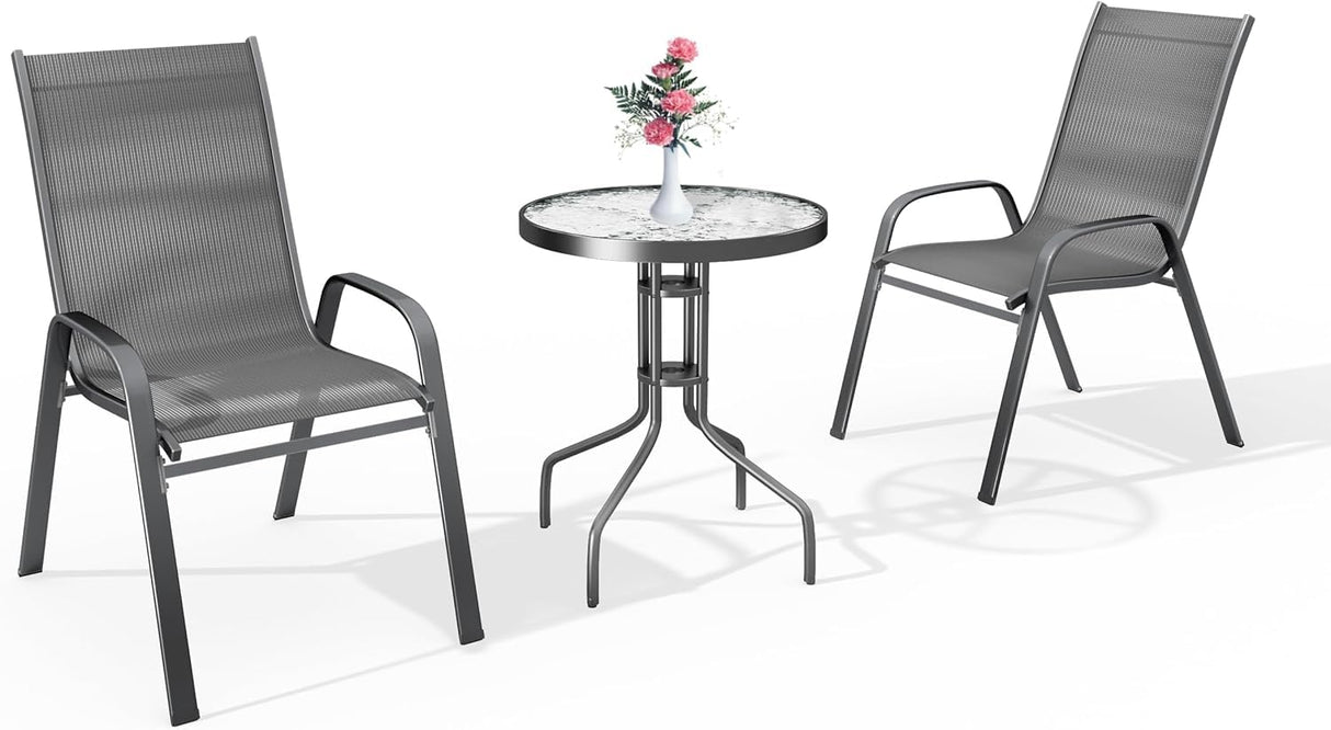 Large Patio Bistro Set 36" Table & 2 Chairs | Modern Metal Frame with Textilene Fabric