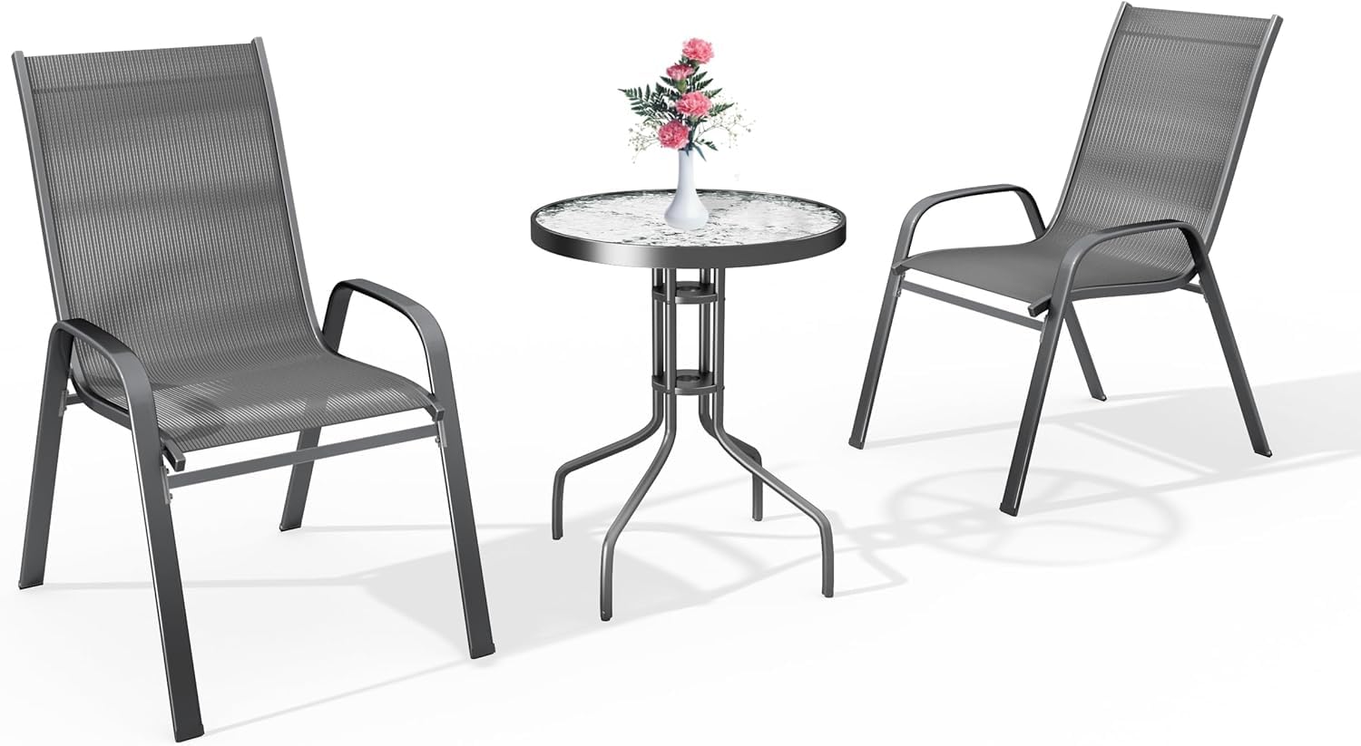 Large Patio Bistro Set 36" Table & 2 Chairs | Modern Metal Frame with Textilene Fabric