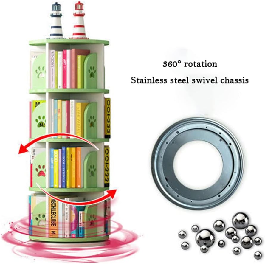 Rotating Bookshelf, 360 Display Corner Bookshelf for Small Space Green Bear Paw Pattern