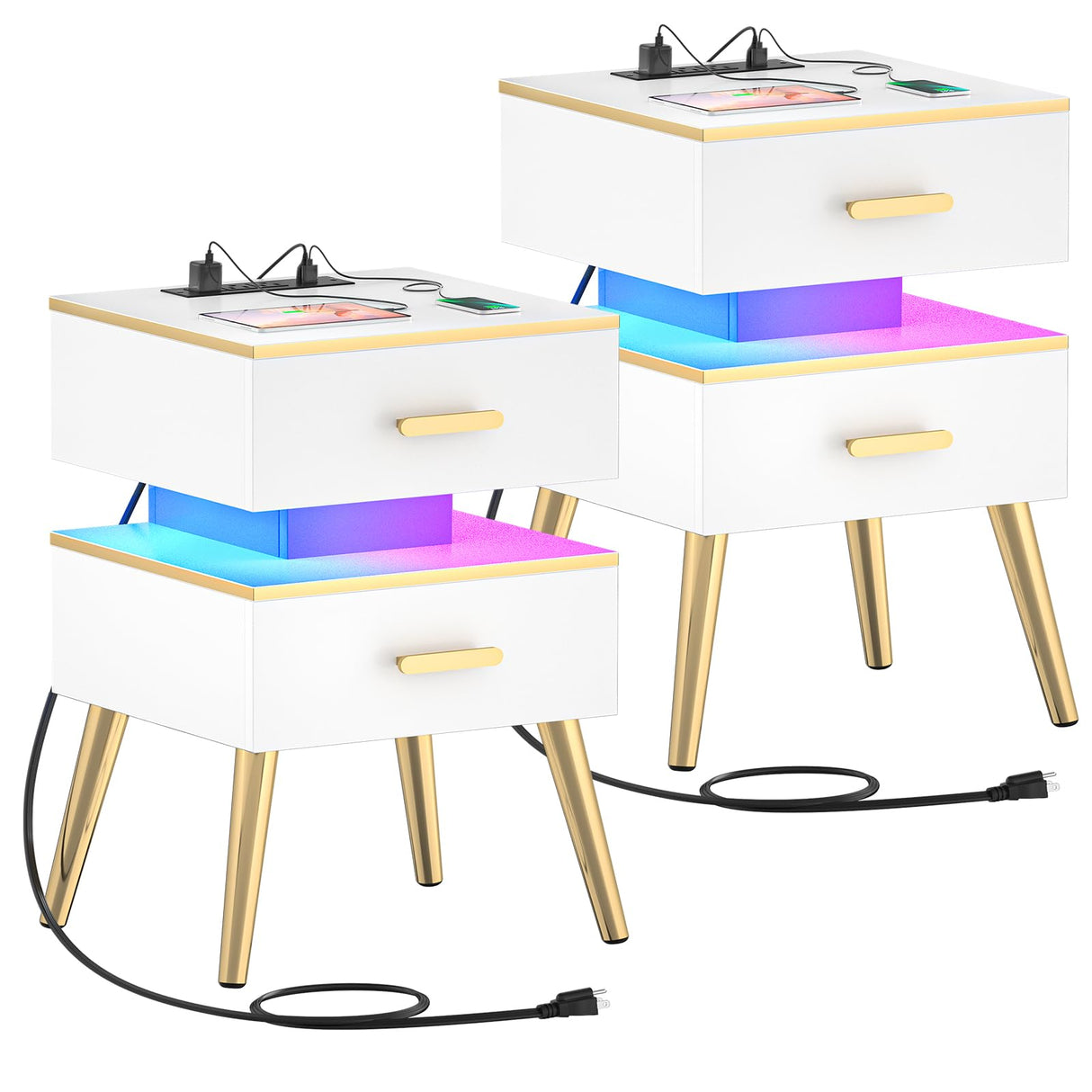 Nightstands set of 2 with Charging - White Night Stand with Charger Station & LED