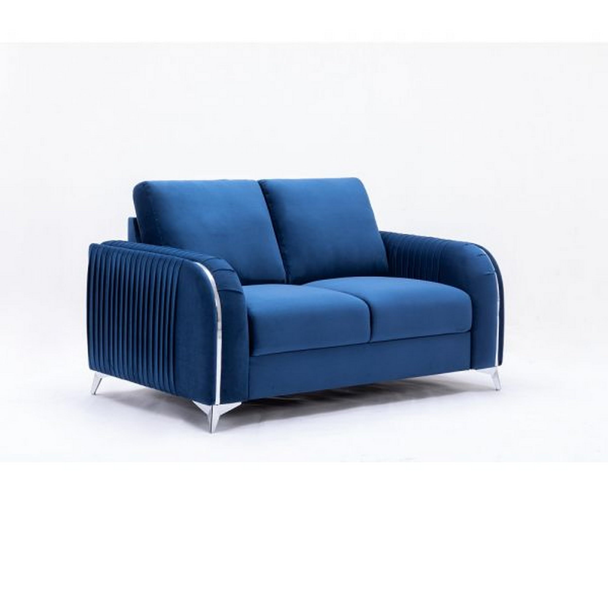 Wiena 59 Inch Loveseat, Velvet Upholstery, Solid Pine Wood, Blue and Chrome
