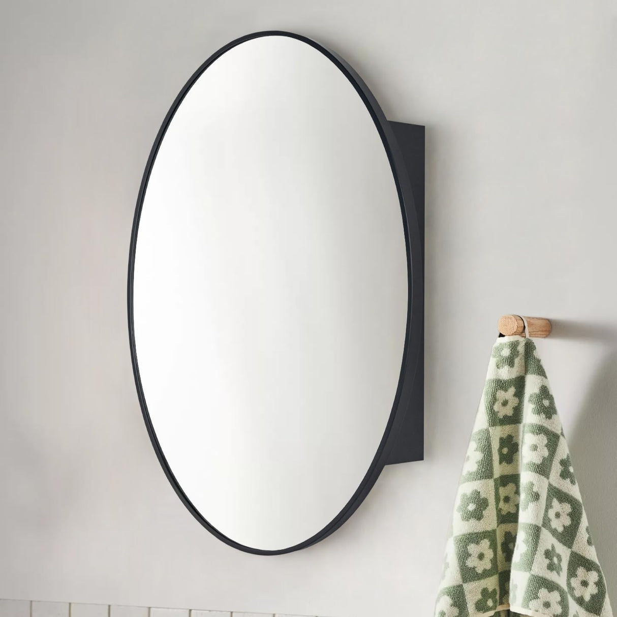 Surface Mount Black Oval Bathroom Medicine Cabinet with Mirror Metal Framed Oval