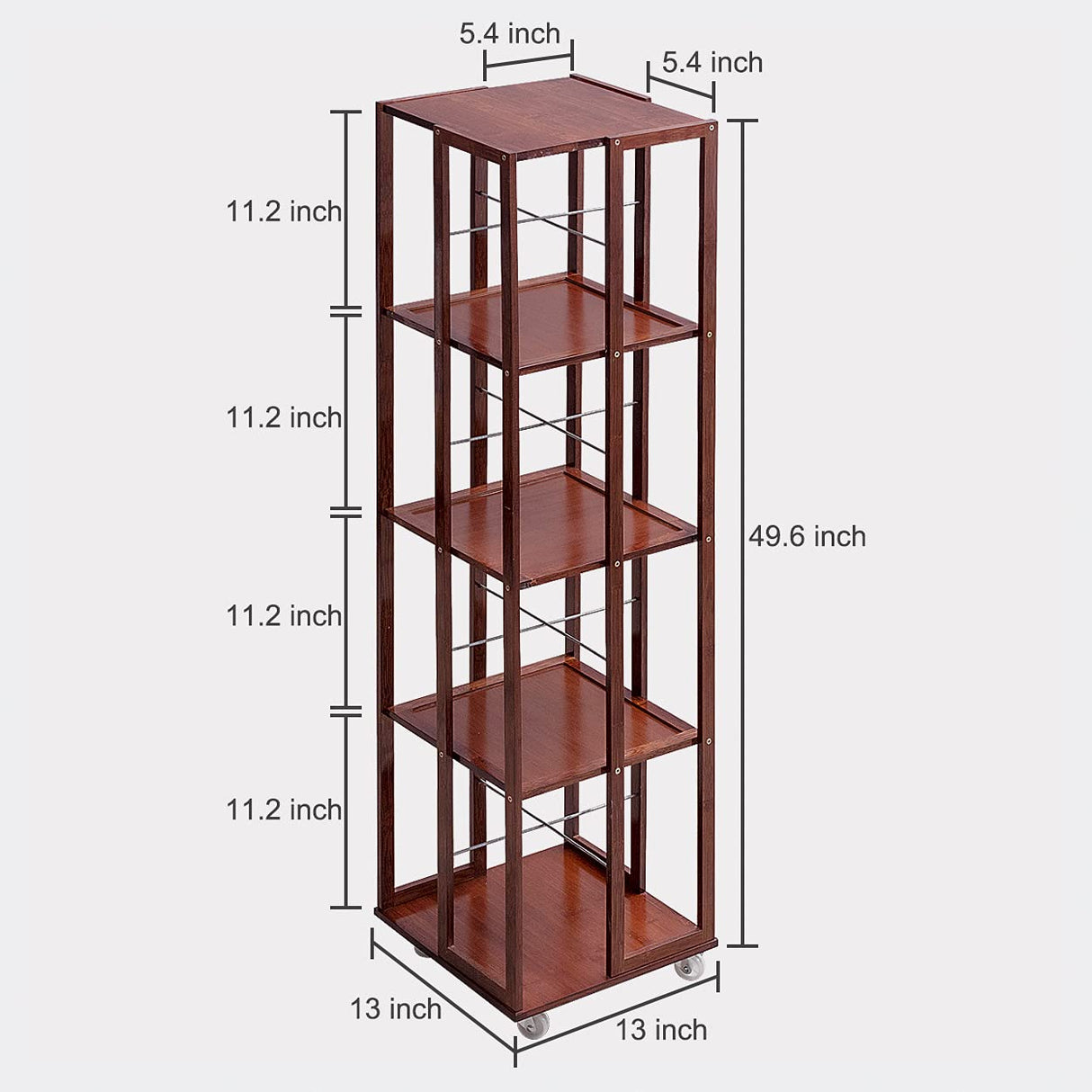 COPREE 5 Tier Rolling Bookcase, Bamboo 360 Rotating Bookshelf, Freestanding Storage Organizer Holder Book Rack with Wheels for Bedroom, Living Room Home and Office