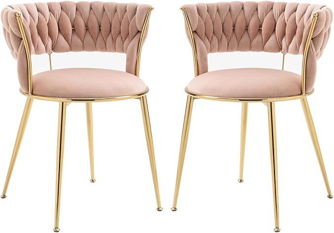 Dining Chair Set of 2, Velvet Woven Upholstered Dining Chair with Gold Metal Legs,