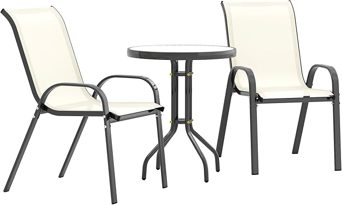 3 Pieces Outdoor Bistro Set, Small Patio Set with Stackable Mesh Chairs and Glass T