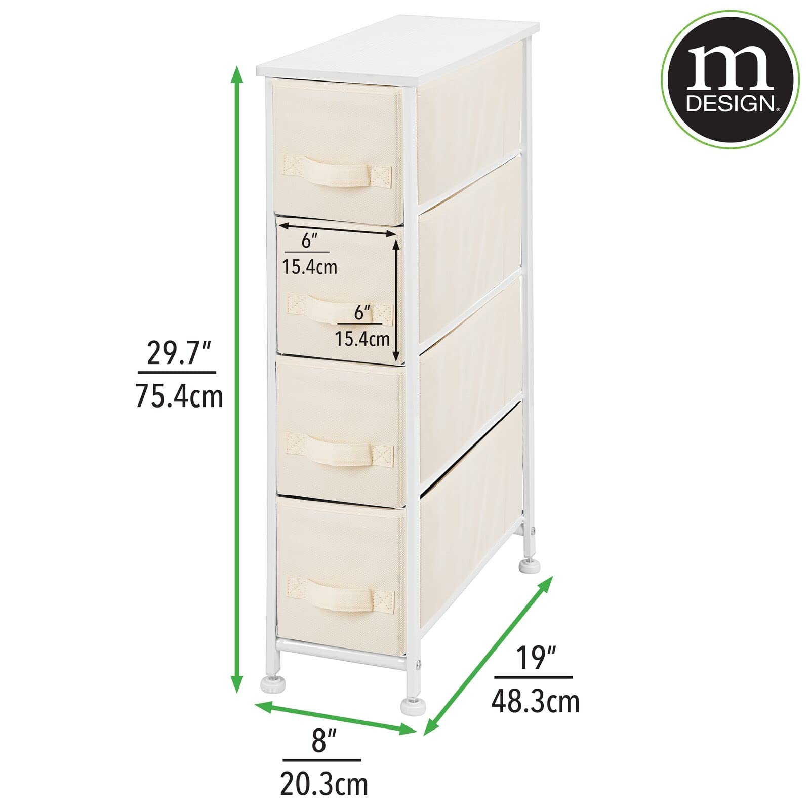 mDesign Narrow Dresser Storage Tower Stand with 4 Removable Fabric Drawers - Steel Frame, Wood Top Organizer for Bedroom, Entryway, Closet - Jane Collection - Cream/White