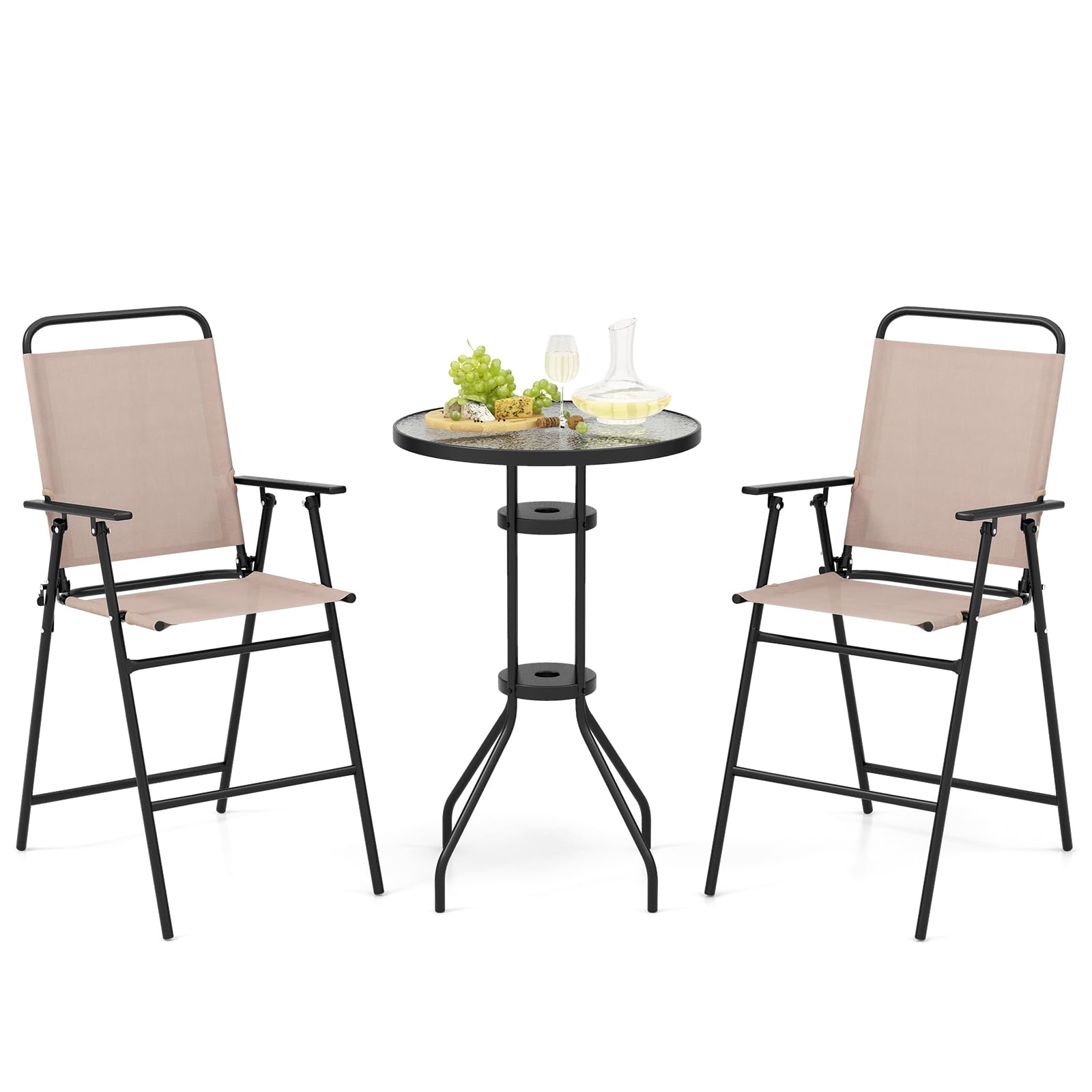 3 PCS Outdoor Bistro Set, Patio Bar Table with 2 Folding Chairs