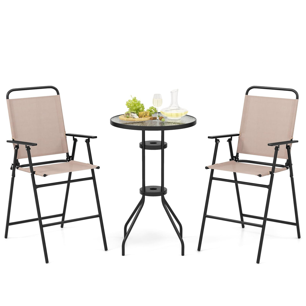 3 PCS Outdoor Bistro Set, Patio Bar Table with 2 Folding Chairs