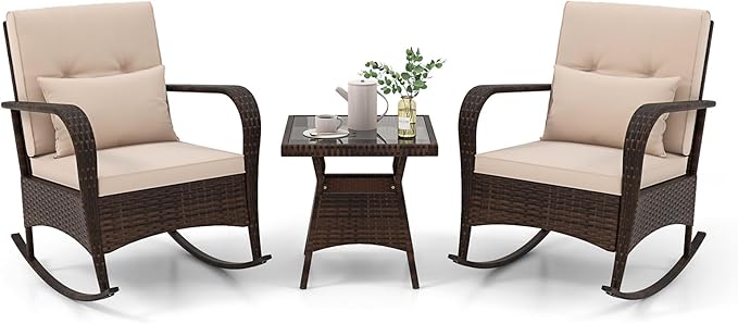 3 Pieces Rocking Bistro Set, Patiojoy Outdoor PE Rattan Rocker Chairs with Removable