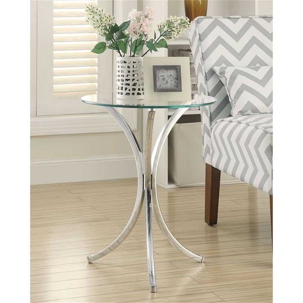 End Table Coffee Accent Table, Round, Contemporary, Indoor in Glass Top and Metal, Chrome