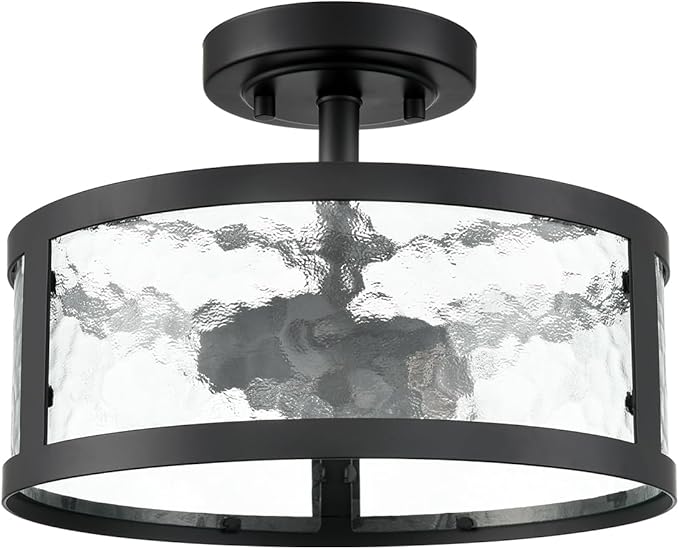 Industrial Black Semi Flush Mount Ceiling Light Harmmered Glass Farmhouse