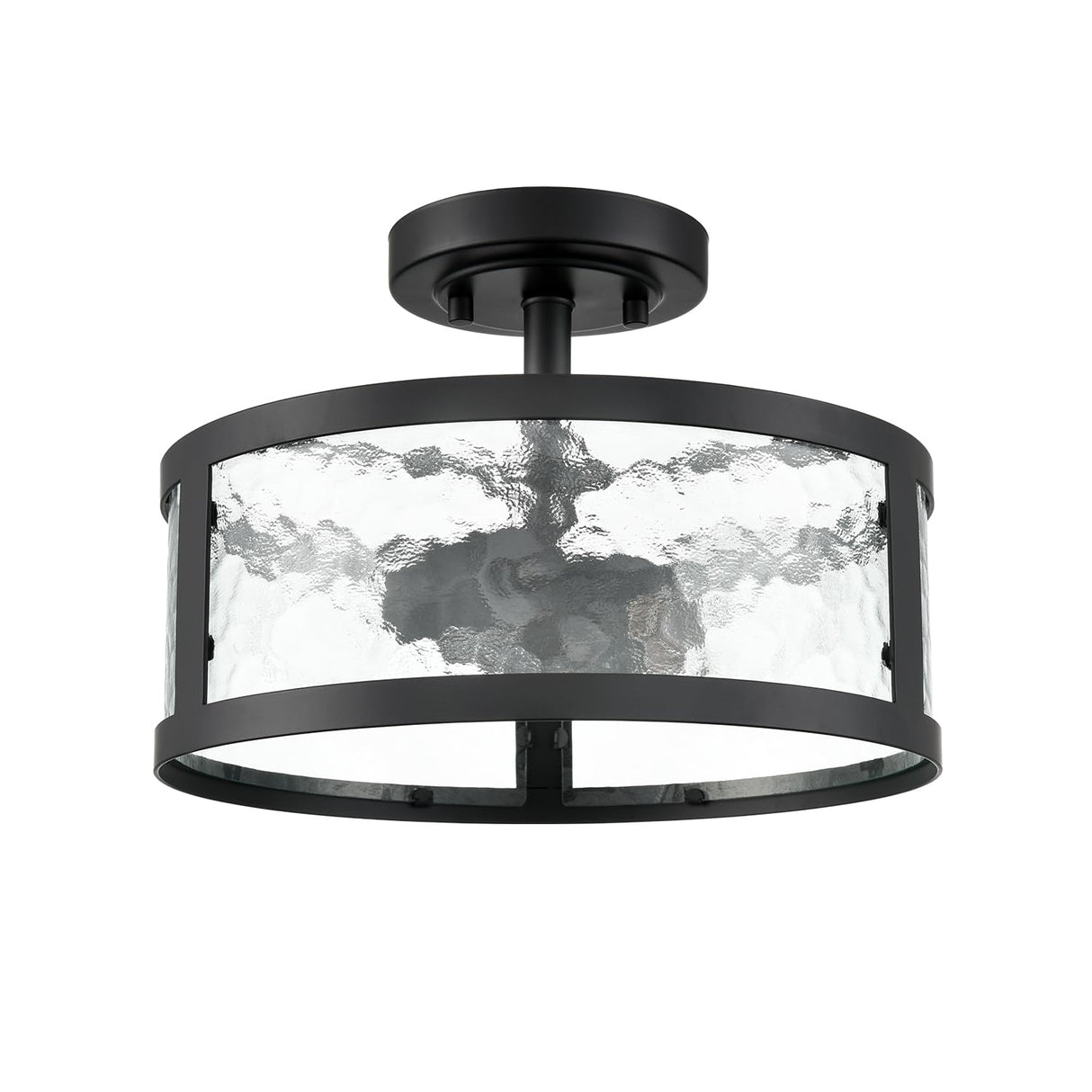 Farmhouse Semi Flush Mount Ceiling Light Black Light Fixtures Ceiling Mount 2-Light with Hammered Glass for Bedroom Kitchen Bathroom Entryway Proch