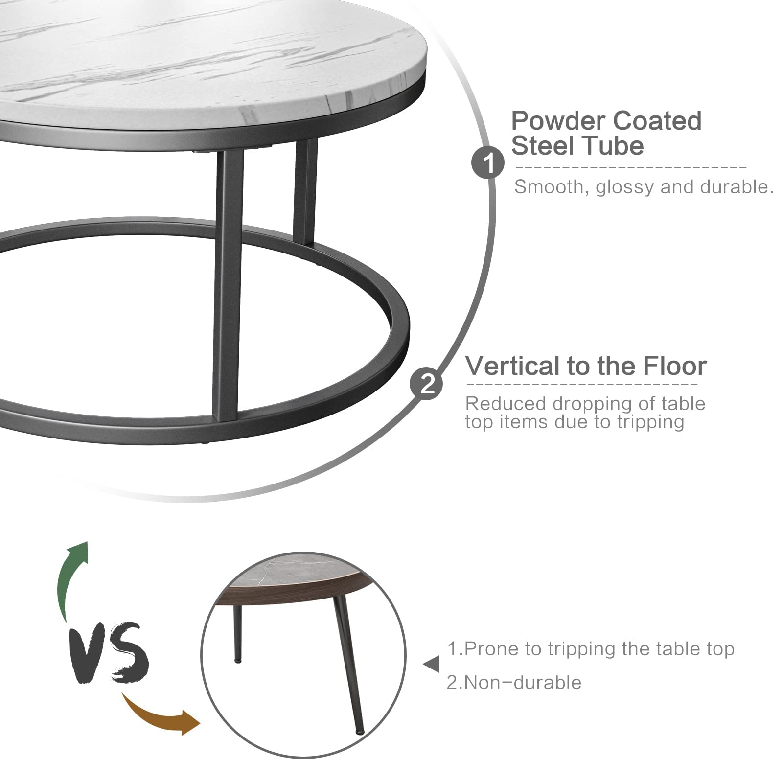 Round Nesting Coffee Table, Set of 2 Modern Coffee Table with Faux Marble Top
