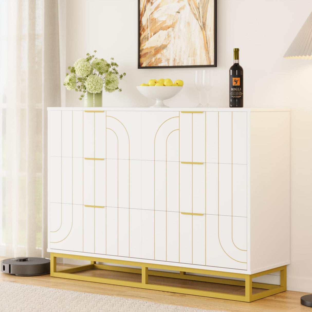 Modern 6 Drawer Dresser for Bedroom, Double TV Stand Dresser with Metal Base