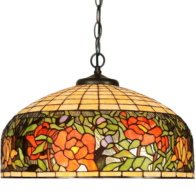 Tiffany Styled Hanging Pendant Lamp, 20 inch Wide Peach Stained Glass Lampshade