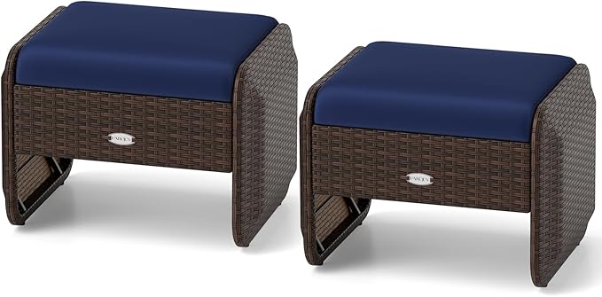 Wicker Outdoor Ottomans for Patio - 2-Piece Rattan Footstools w/Removable Cushions