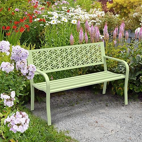 Outdoor Bench Metal with Floral Back, Garden Bench Front Porch Bench for Yard Patio