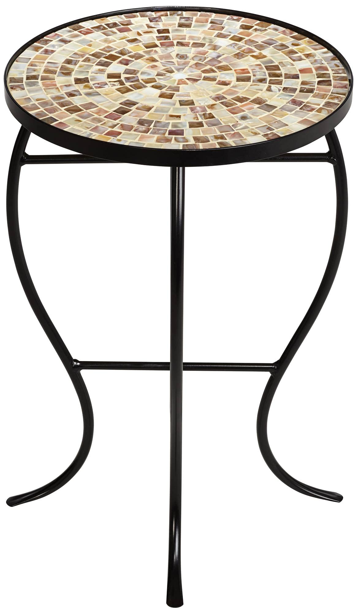 Teal Island Designs Mother of Pearl Modern Black Metal Round Outdoor Accent Side Tables 14" Wide Set of 2 Natural Mosaic Tile Tabletop Curved Legs for Spaces Porch Patio Home House Balcony Deck - Bircata