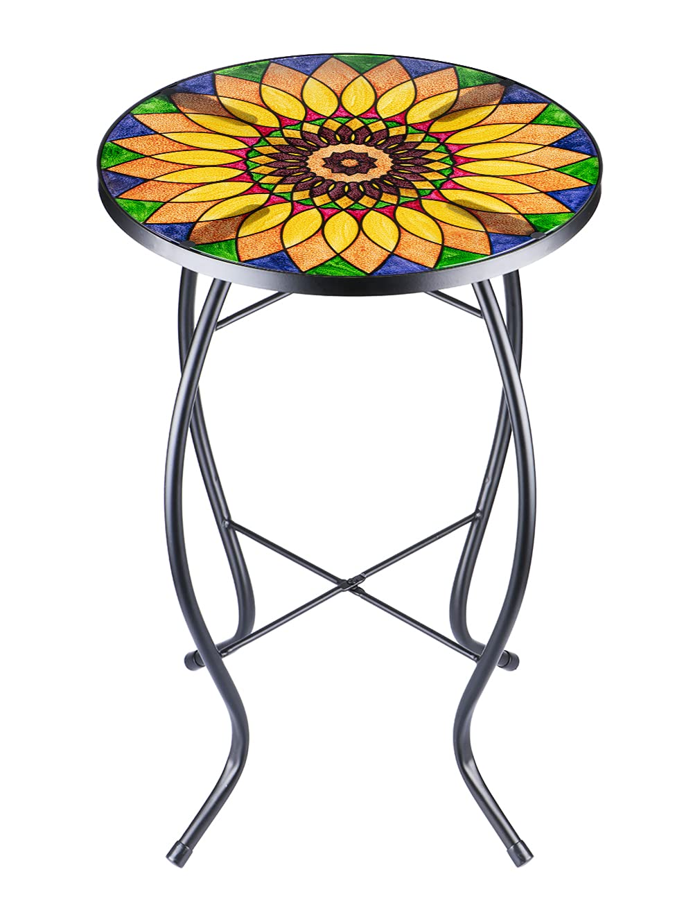 Sunflower Outdoor Side Table, Mosaic Design, Small Glass Top, Round, Patio Side Table