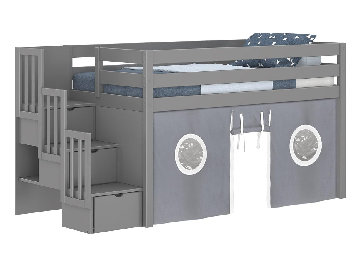 Contemporary Low Loft Twin Bed with a 3 Drawer Stairway, Gray with Gray & White Tent