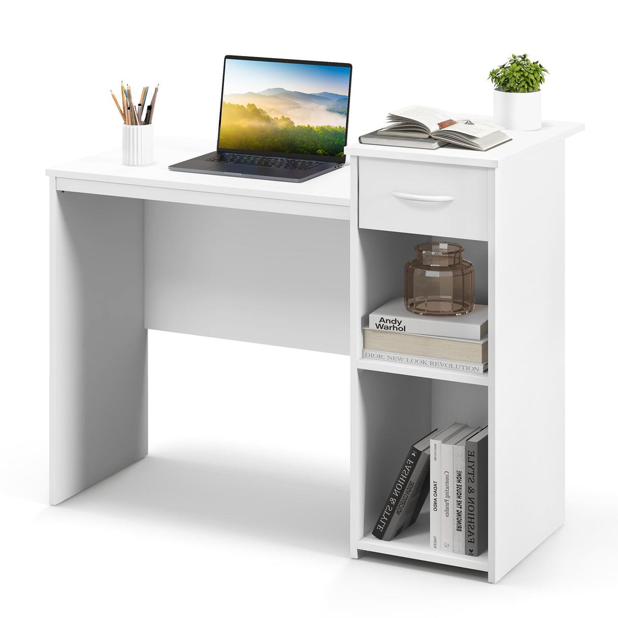 Tangkula White Desk with Drawer, Modern Computer Desk with Adjustable Shelf & Cable Hole, Compact Writing Study Desk, Wooden Computer Workstation for Home or Office, White