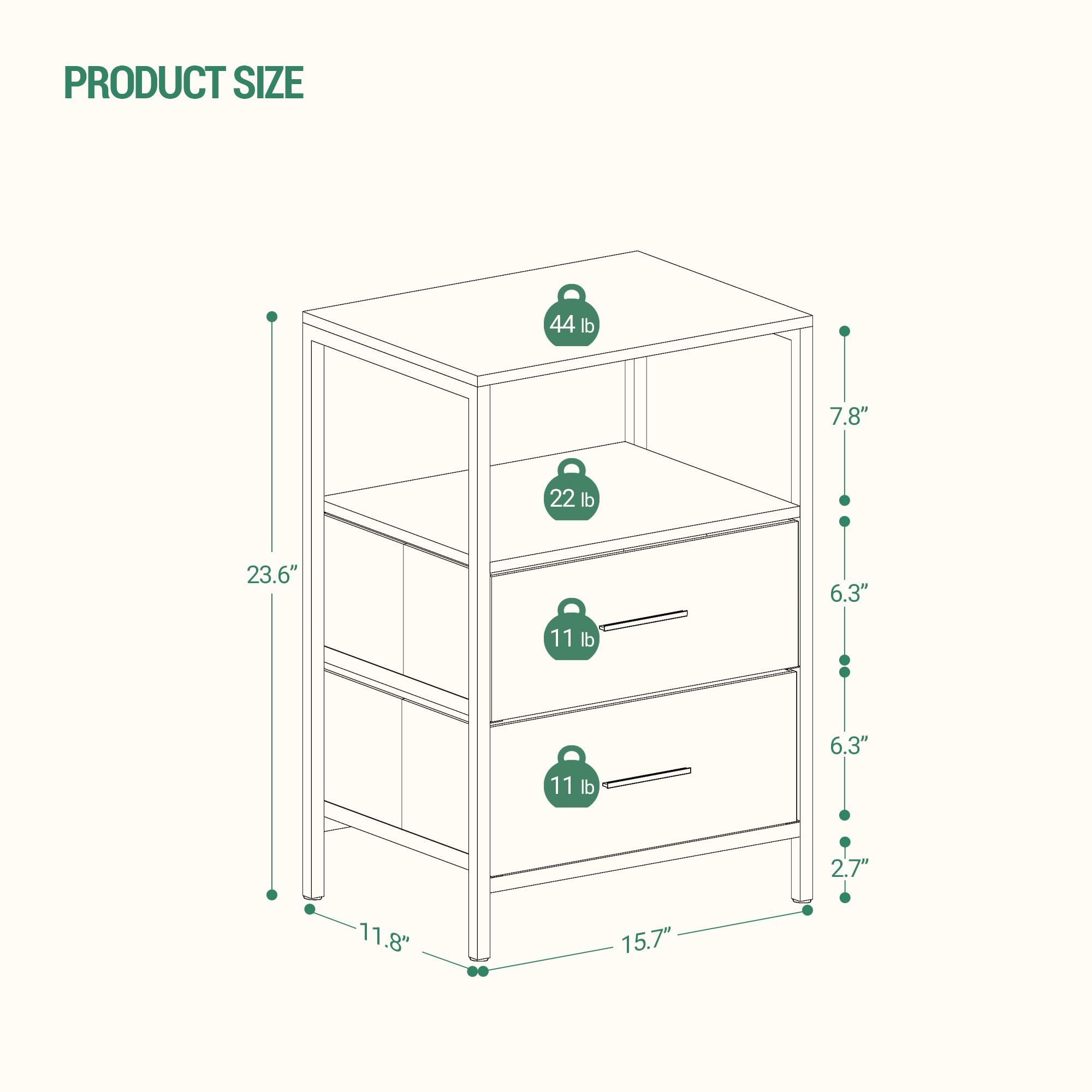 End Table, Nightstands with 2 Fabric Storage Drawers and Shelves, Side Table