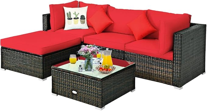 5-Piece Outdoor Patio Furniture Set, Glass Top Coffee Table and Lounge Sofa