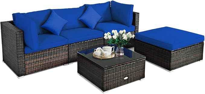 5-Piece Outdoor Patio Conversation Set with Cushions - Rattan Wicker Sectional Sofa & Coffee Table