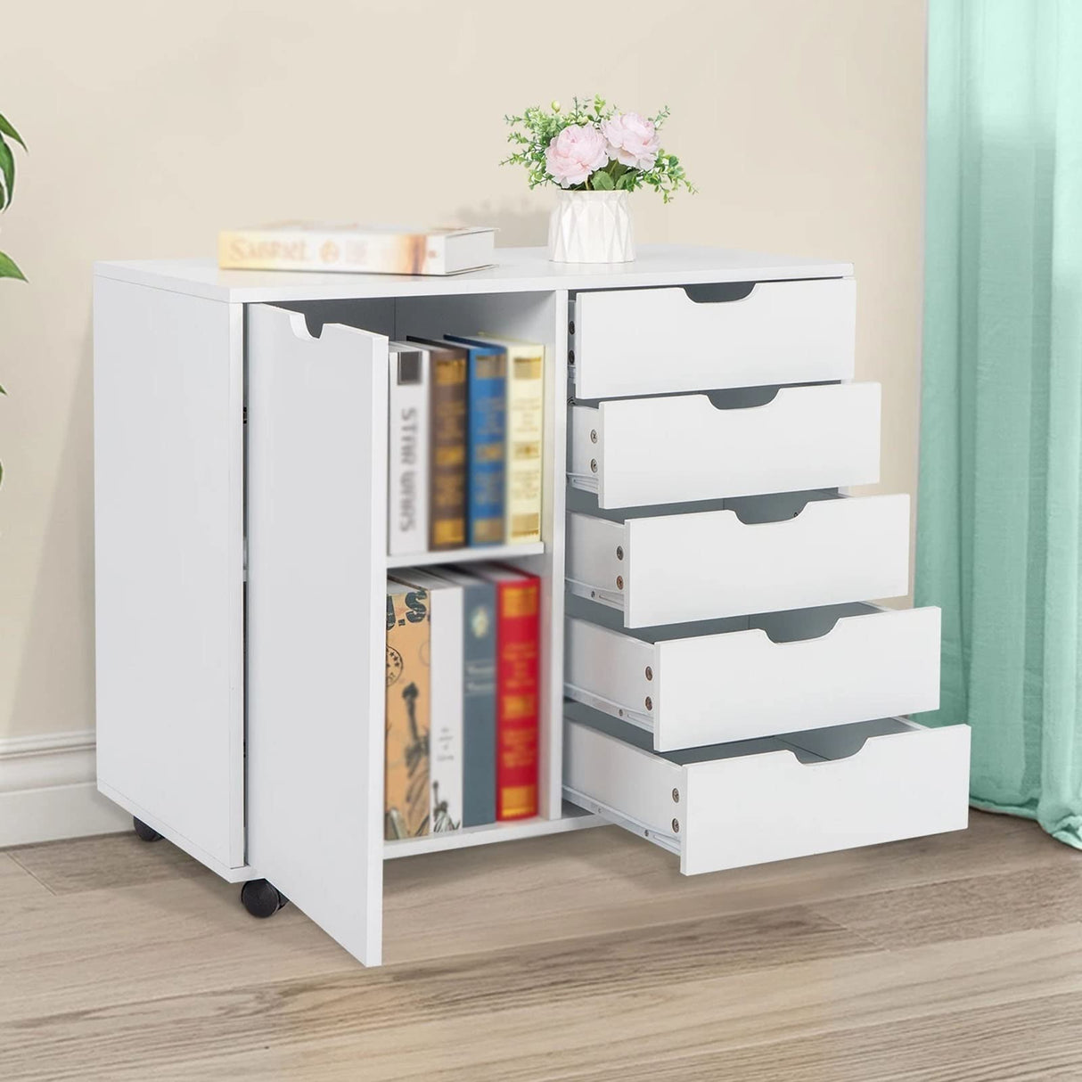 Wood Lateral File Cabinet 78x40.5x68CM Single Door 5 Drawers White Floor Storage