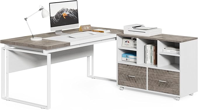 63" L-Shaped Executive Office Desk with Reversible File Cabinet, Large Modern
