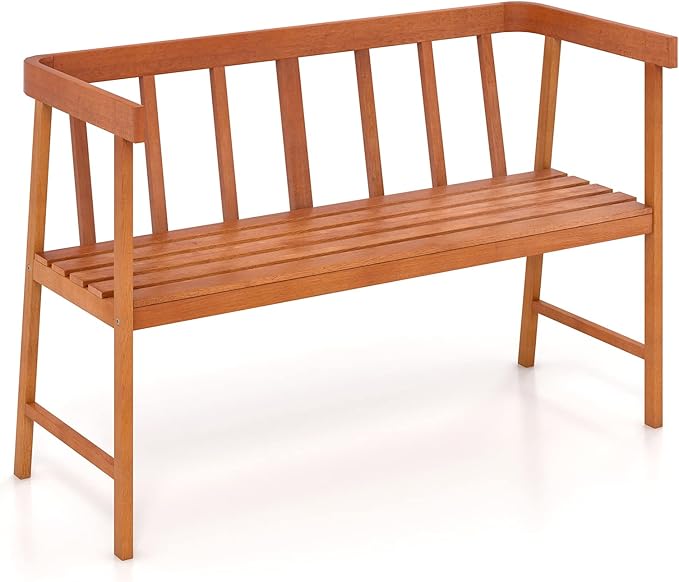 Outdoor Acacia Wood Bench, 2-Person Garden Bench with Backrest and Armrests
