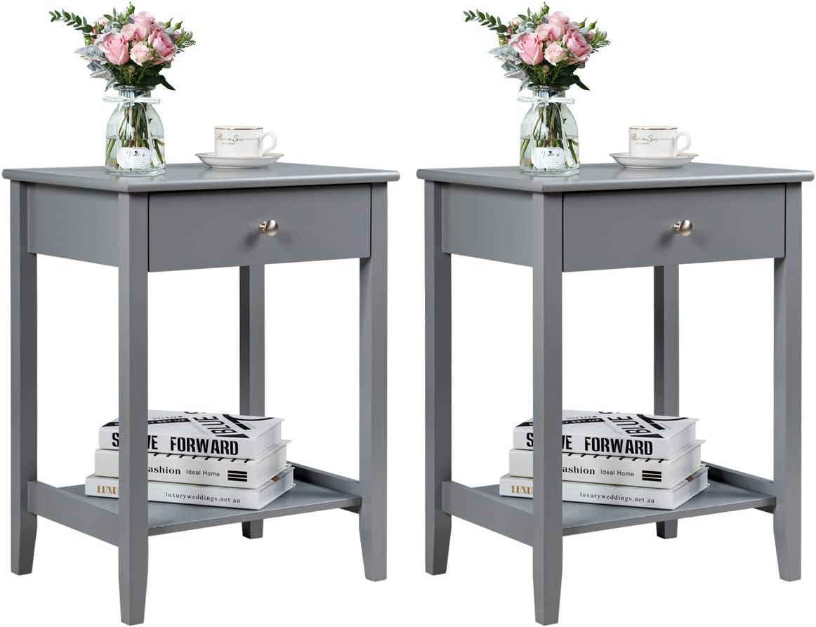 Nightstand Wooden 2-Tier Couch Sofa Side Table with Drawer, Storage Shelf