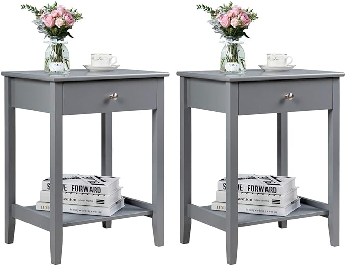 Nightstand Wooden 2-Tier Couch Sofa Side Table with Drawer, Storage Shelf