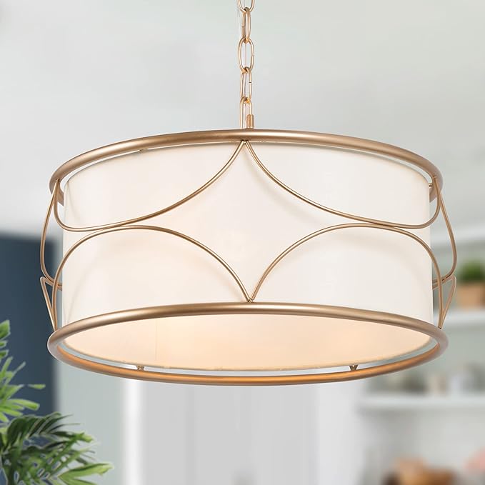 Gold Chandelier, 4 Light Gold Drum Chandelier with Fabric Shade, Modern Chandelier