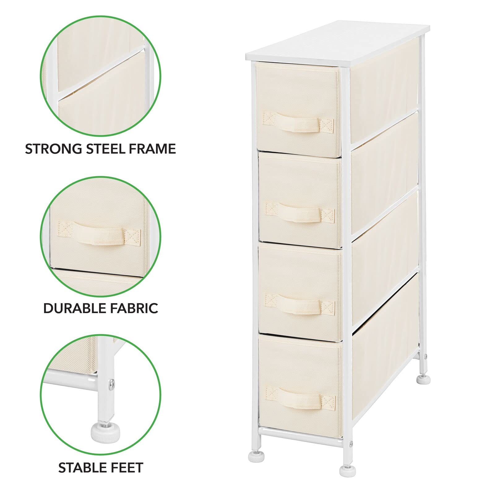 mDesign Narrow Dresser Storage Tower Stand with 4 Removable Fabric Drawers - Steel Frame, Wood Top Organizer for Bedroom, Entryway, Closet - Jane Collection - Cream/White