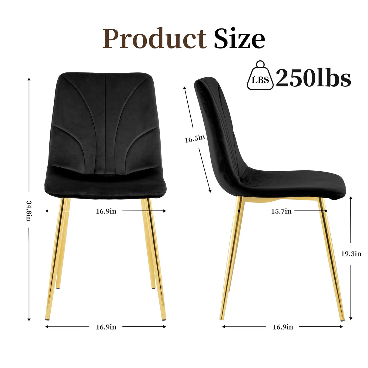 Mid Century Modern Dining Chairs Set of 4 - Black Velvet Upholstered with Metal Legs