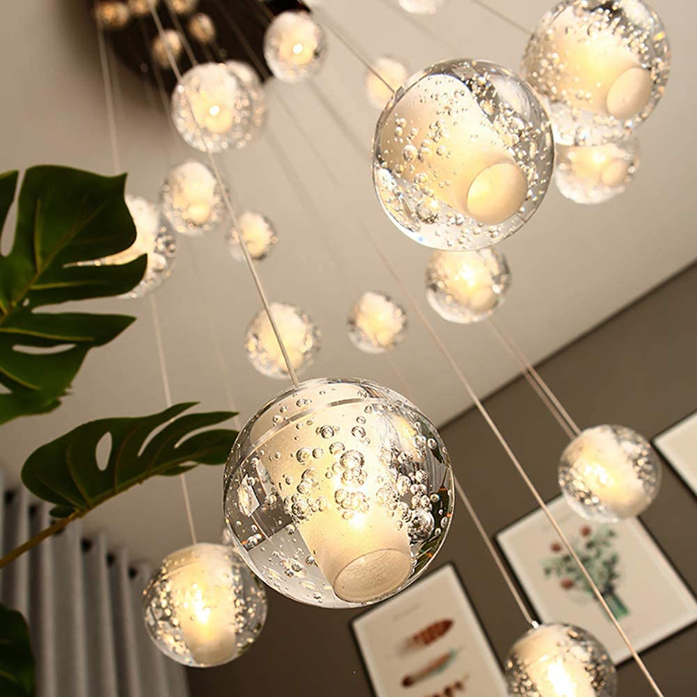Long Loft Chandelier High Ceilings Crystal Ball Raindrop Pendant Lighting G4 3000K Warm